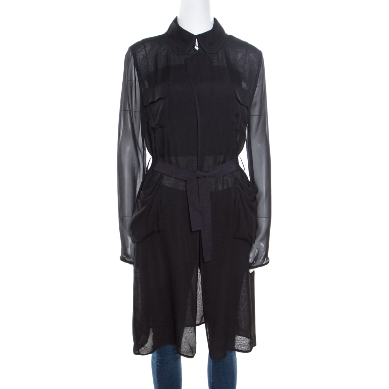 Pre Owned Diane Von Furstenberg Black Silk Georgette Utilitarian Blaine Belted Coat L