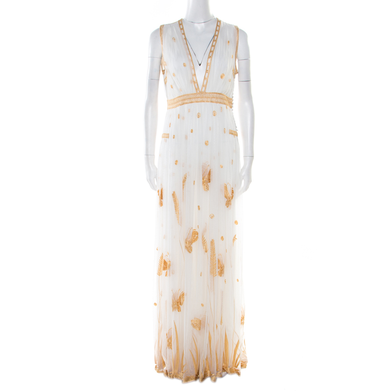 Pre Owned Diane Von Furstenberg Ivory and Gold Embroidered Tulle Plunge Neck Vivanette Goddess Gown M