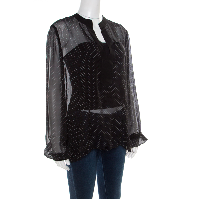 

Diane Von Furstenberg Black Navier Dot Sheer Silk Long Sleeve Blouse