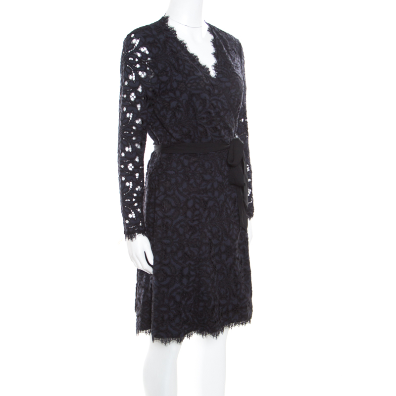 

Diane von Furstenberg Navy Blue and Black Guipure Lace Scalloped Trim Shaelyn Wrap Dress