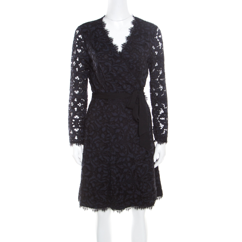 Pre Owned Diane von Furstenberg Navy Blue and Black Guipure Lace Scalloped Trim Shaelyn Wrap Dress L