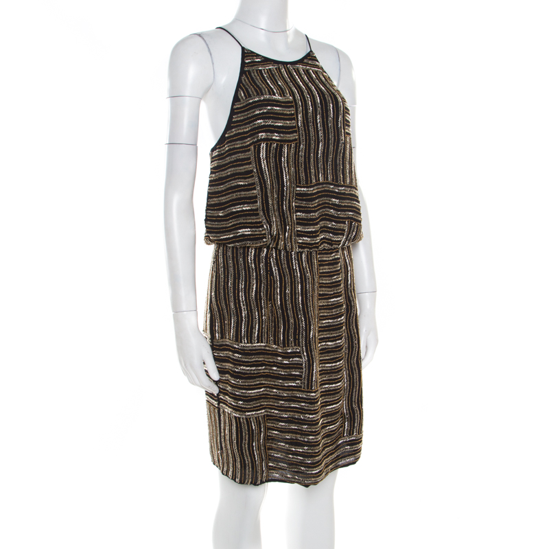 

Diane Von Furstenberg Black and Gold Silk Beaded Samala Halter Dress