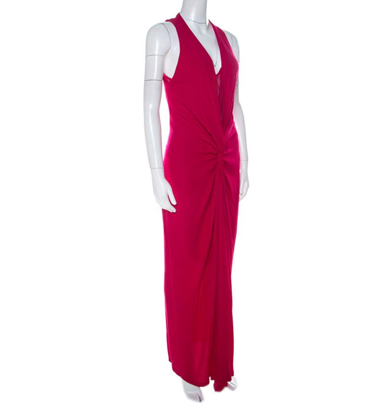 

Diane Von Furstenberg Fuchsia Pink Crepe Twisted Knot Detail Long Dress