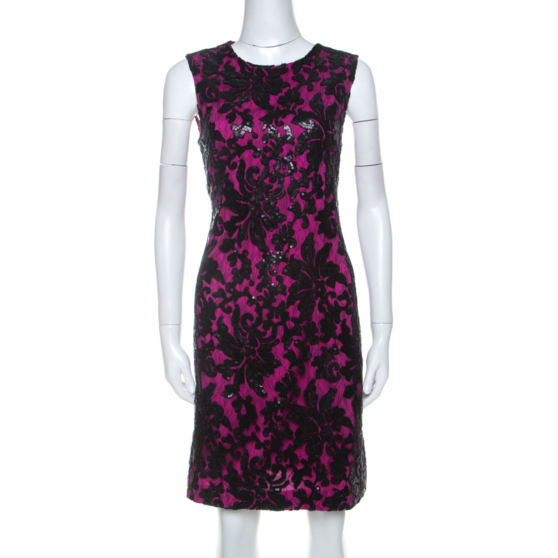 Pre Owned Diane von Furstenberg Hot Orchid Pink Sequined Kaleb Shift Dress M