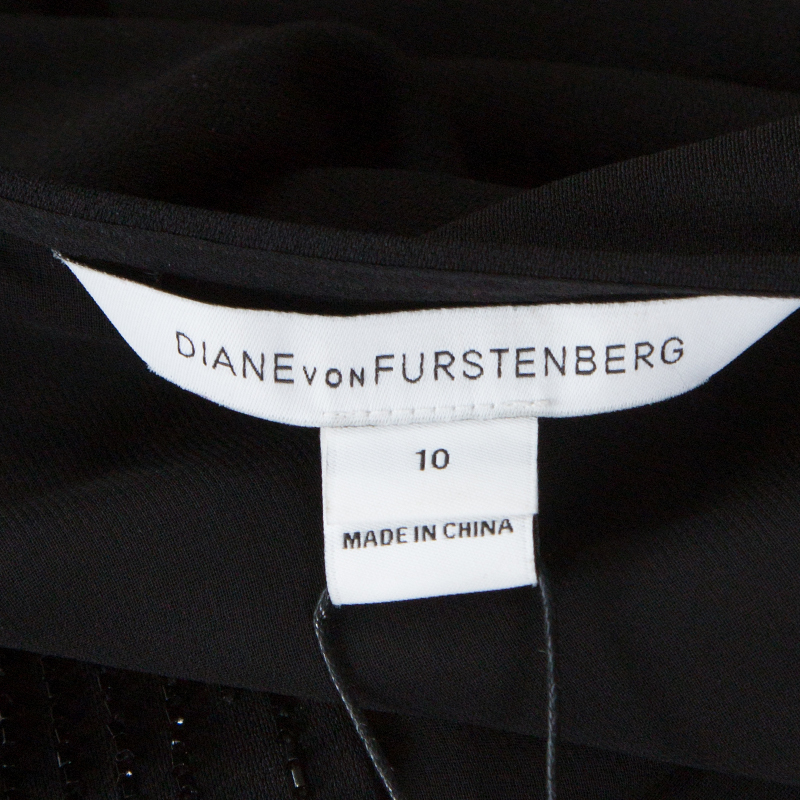 Diane Von Furstenberg Black Embellished Crepe Bella Dress L