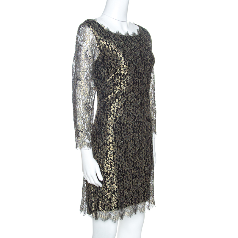 

Diane Von Furstenberg Black & Gold Lace Zarita Shift Dress