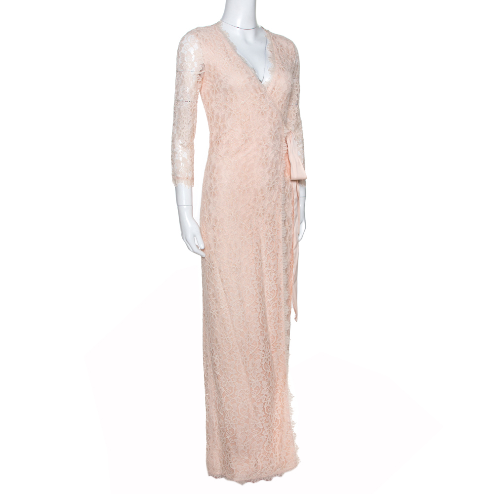 

Diane von Furstenberg Cream Floral Lace Julianna Wrap Maxi Dress