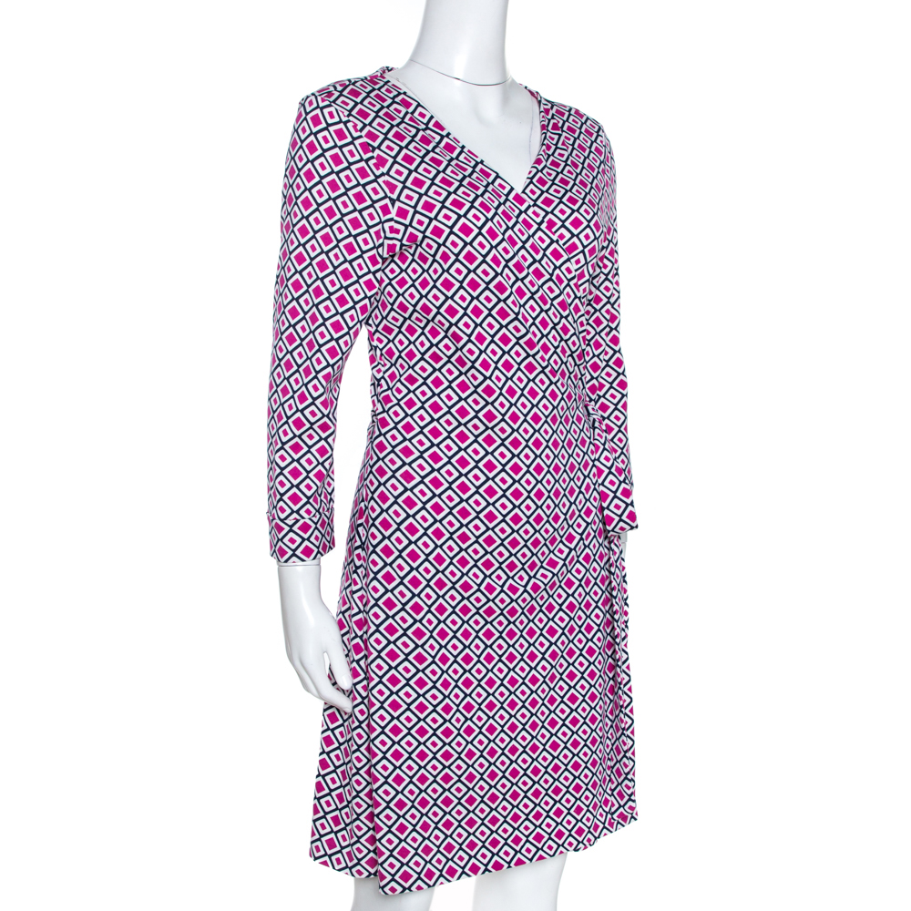 

Diane von Furstenberg Pink Geometric Print New Julian Two Mini Wrap Dress