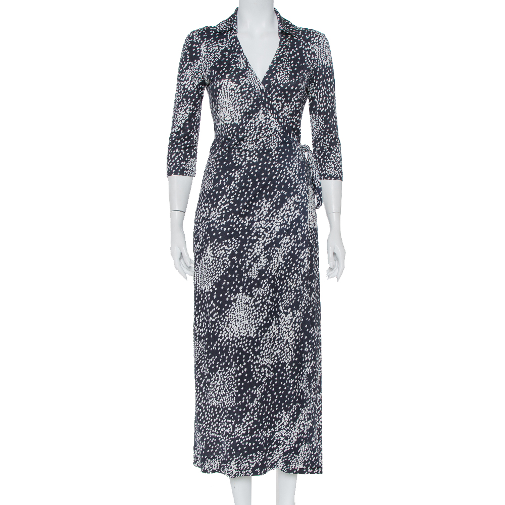 Pre-owned Diane Von Furstenberg Navy Blue Silk Knit Rain Abigail Maxi Wrap Dress S