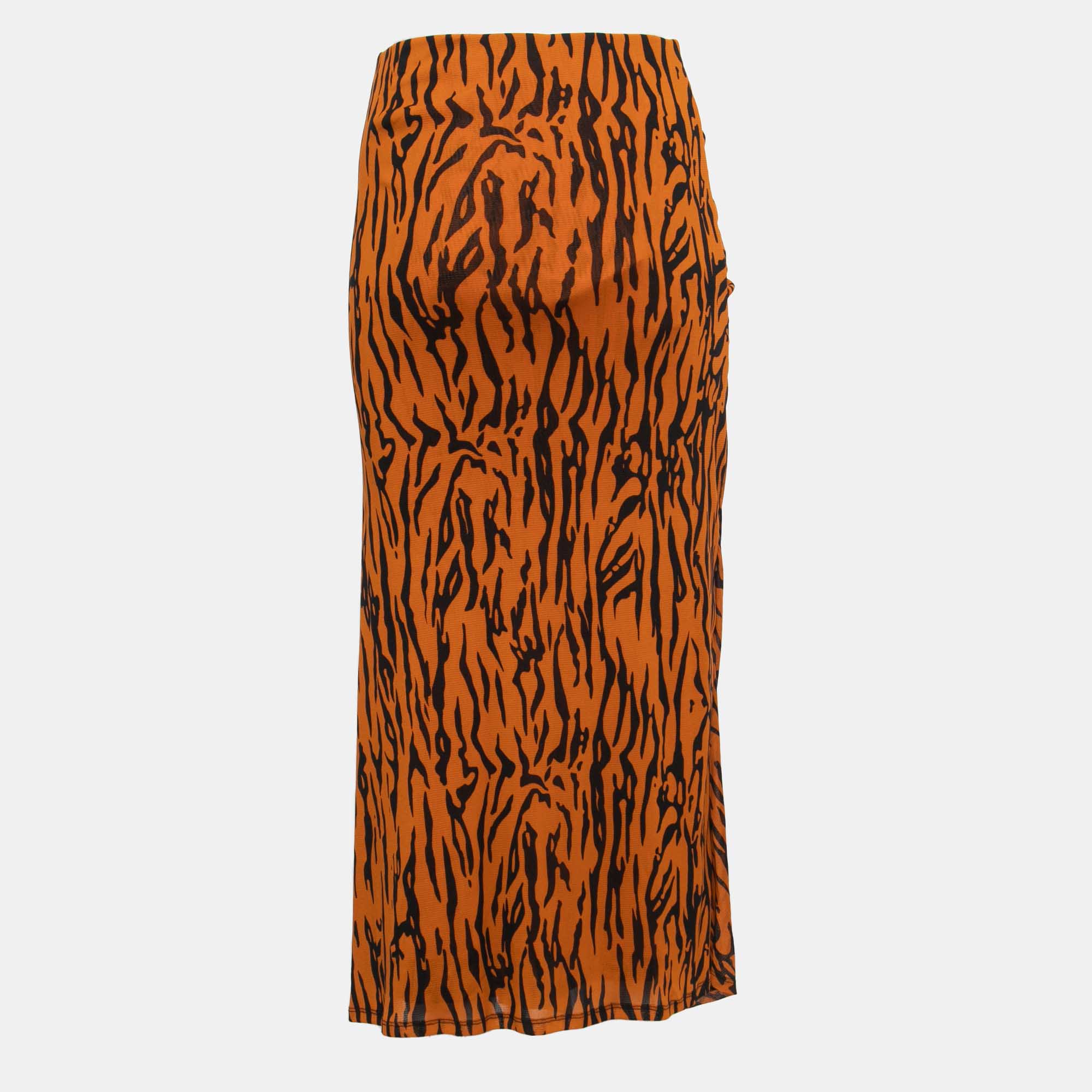 

Diane Von Furstenberg Orange Printed Jersey Caspian Tigress Midi Skirt