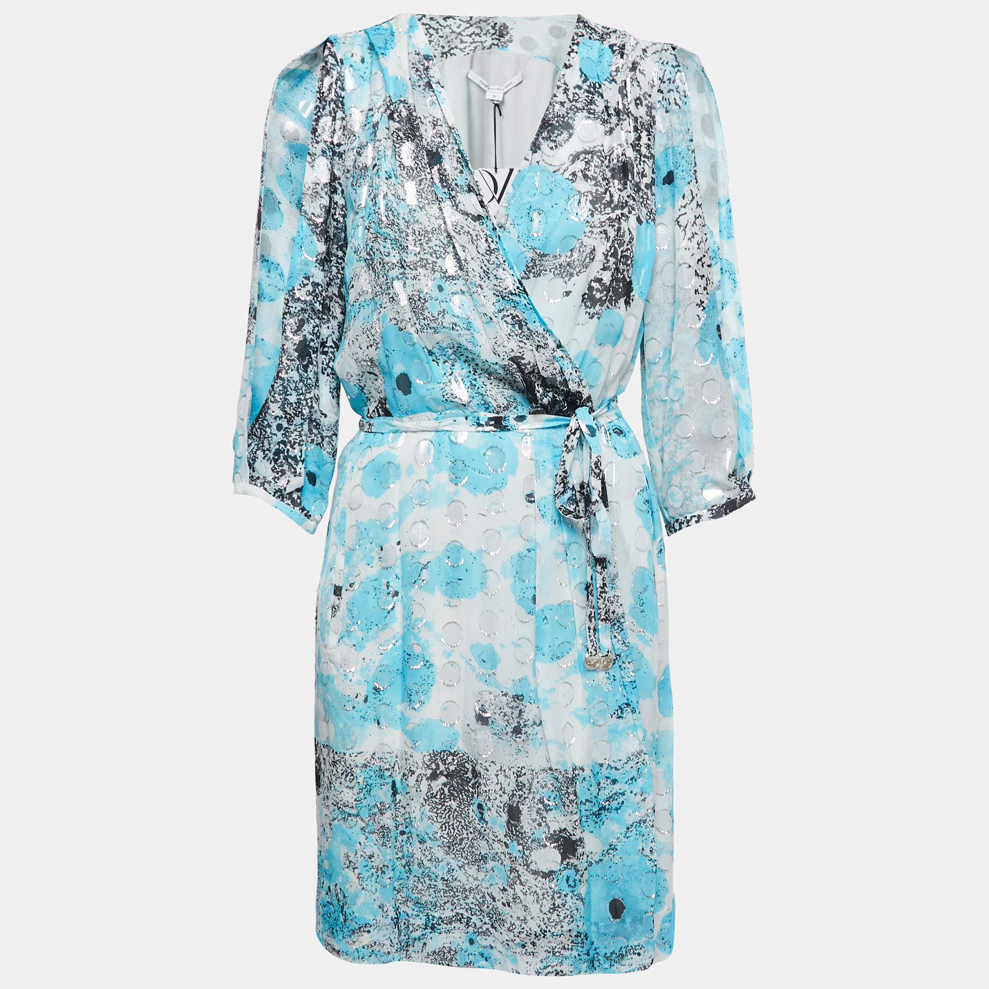 Pre-owned Diane Von Furstenberg Blue Met Dot Silk Mini Wrap Dress L