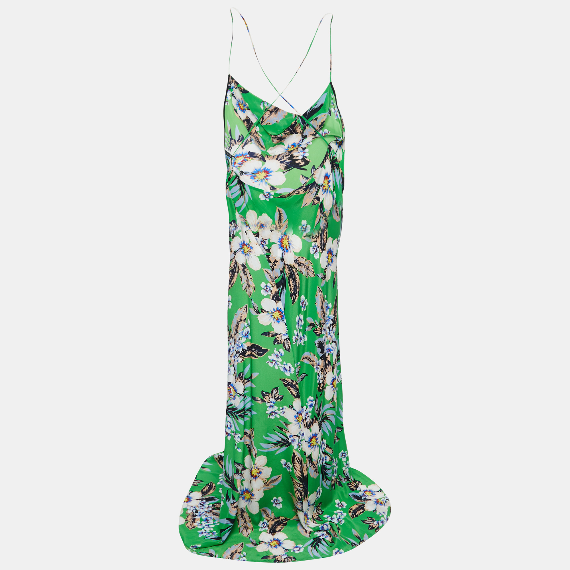

Diane Von Furstenberg Green Floral Printed Silk Cowl Neck Bias Gown