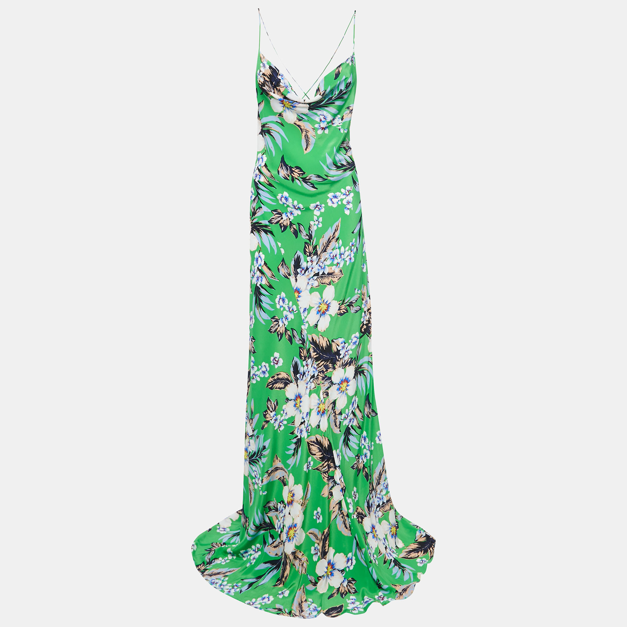 Diane Von Furstenberg Green Floral Printed Silk Cowl Neck Maxi Dress XL ...