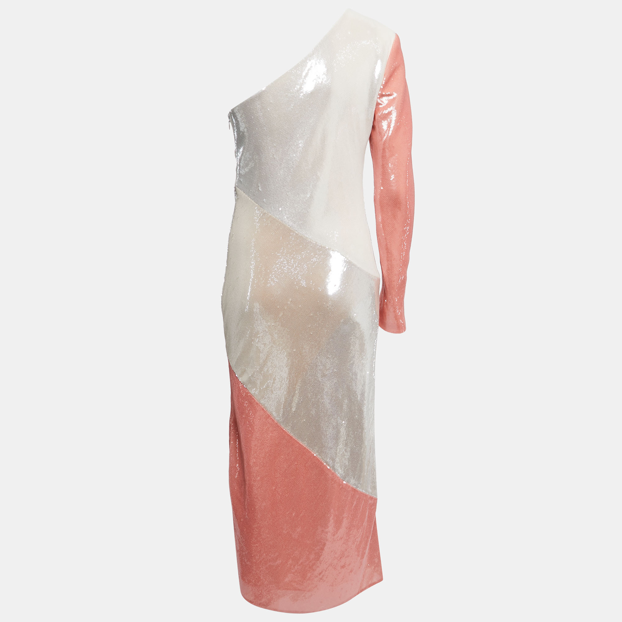 

Diane Von Furstenberg White/Pink Sequined One Shoulder Midi Dress