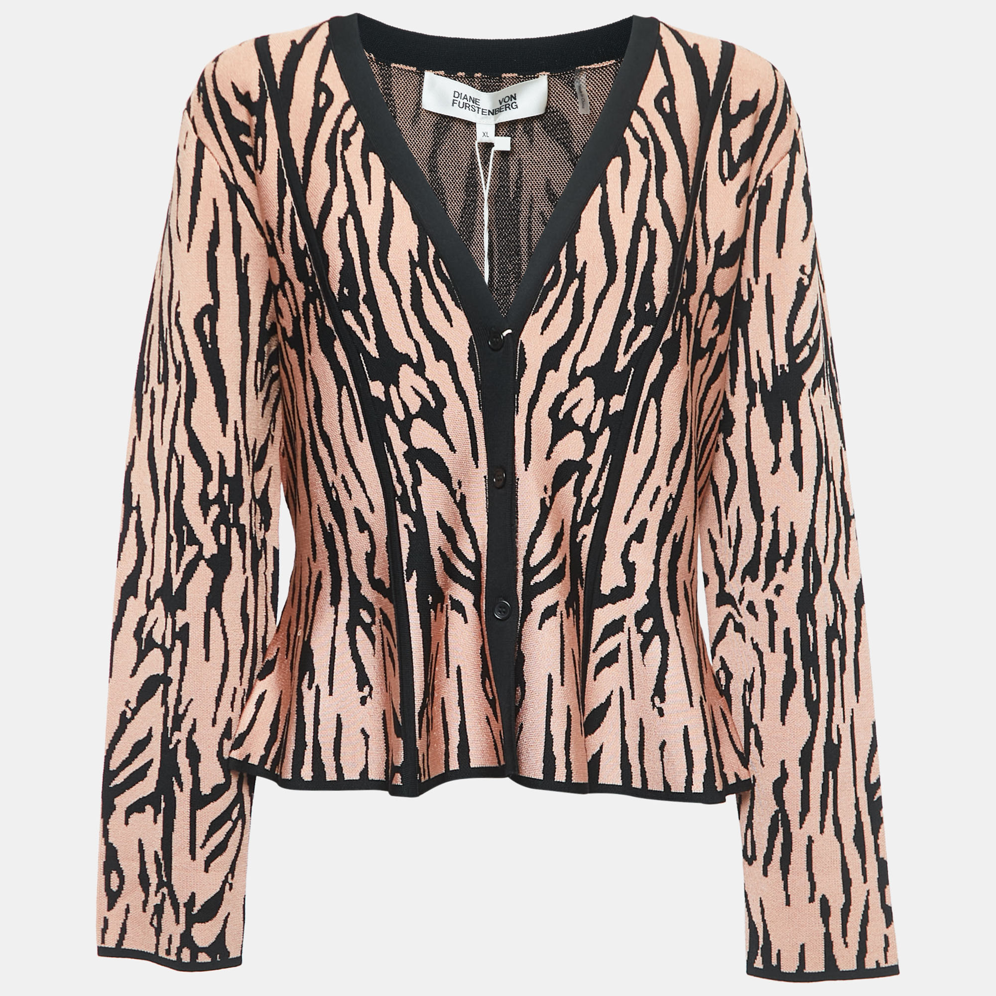 Pre-owned Diane Von Furstenberg Pink/black Tiger Striped Knit Cardigan Xl