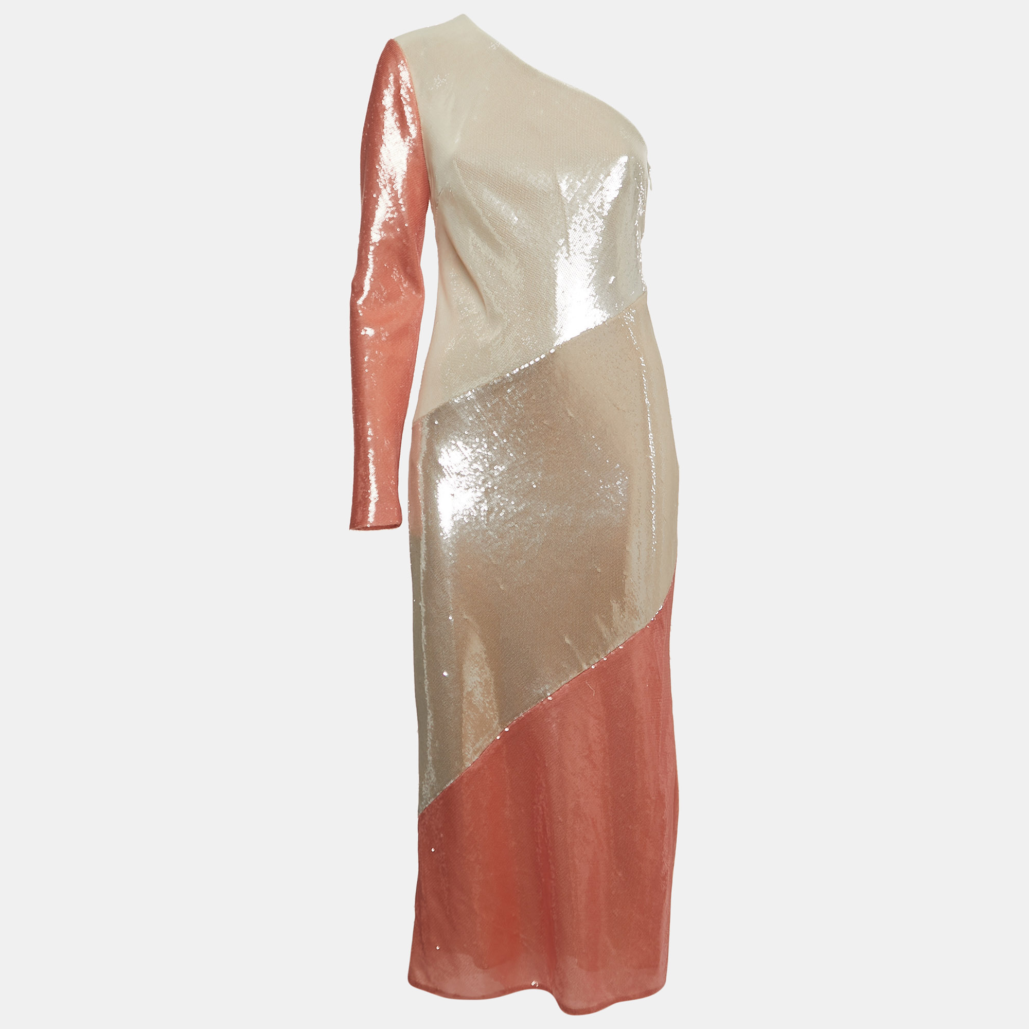 Pre-owned Diane Von Furstenberg Off-white/orange Sequined One Shoulder Dress M