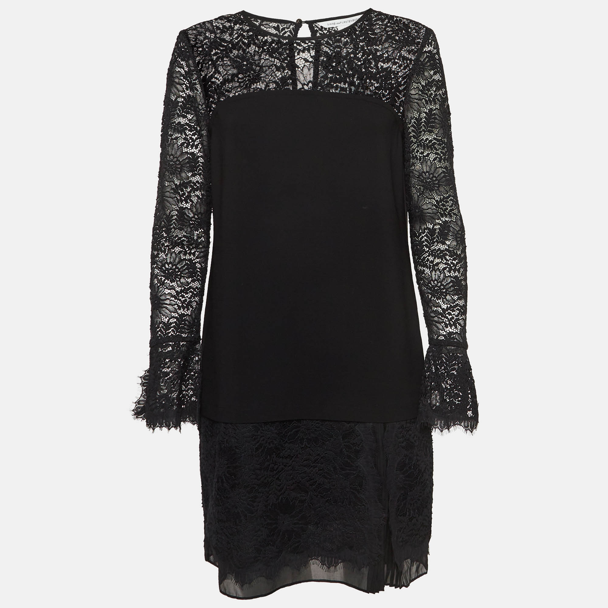 

Diane Von Furstenberg Black Lavana Lace and Crepe Drop Waist Dress