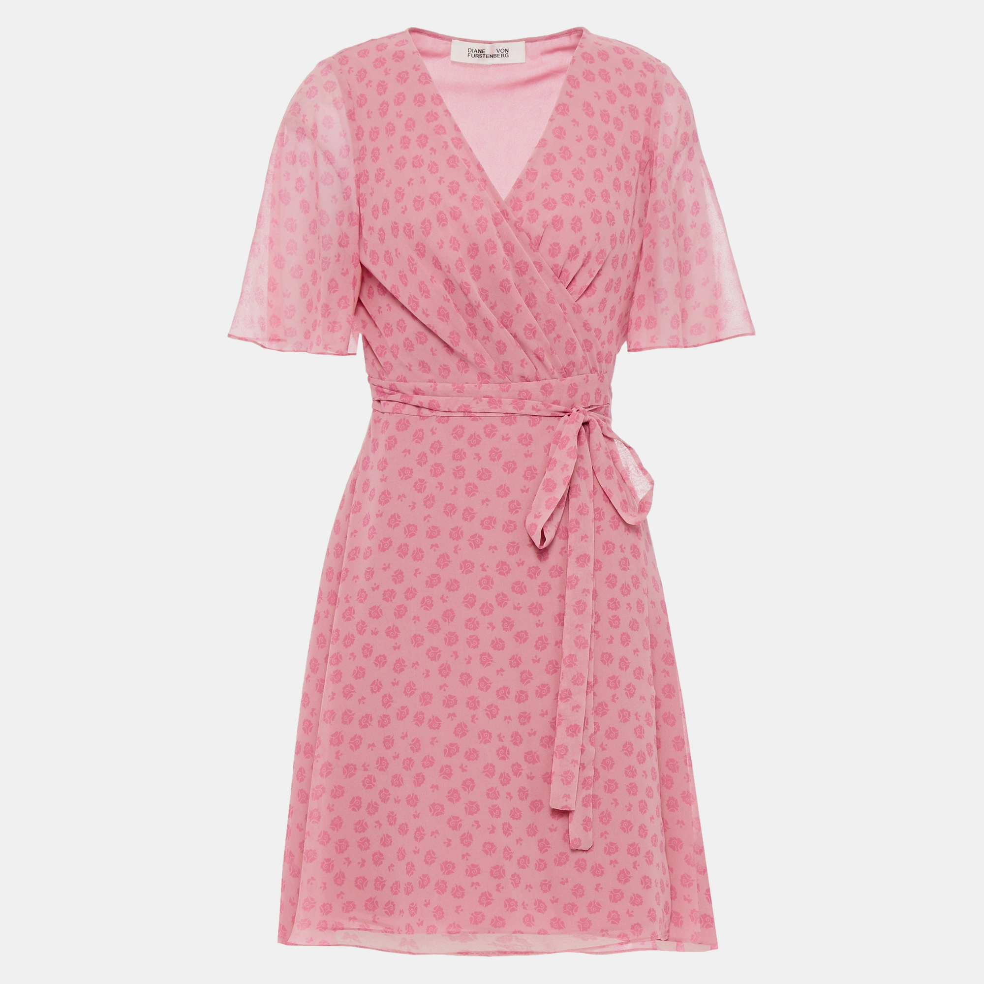 Pre-owned Diane Von Furstenberg Pink Rose Print Chiffon Kathy Wrap Dress L (us 8)