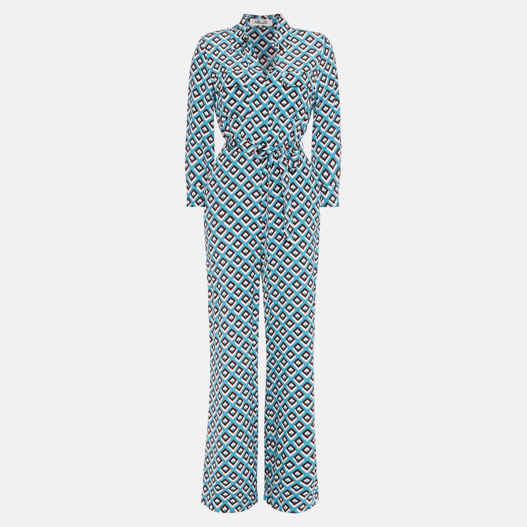 Pre-owned Diane Von Furstenberg Blue Printed Silk Jumpsuit M (us 6)