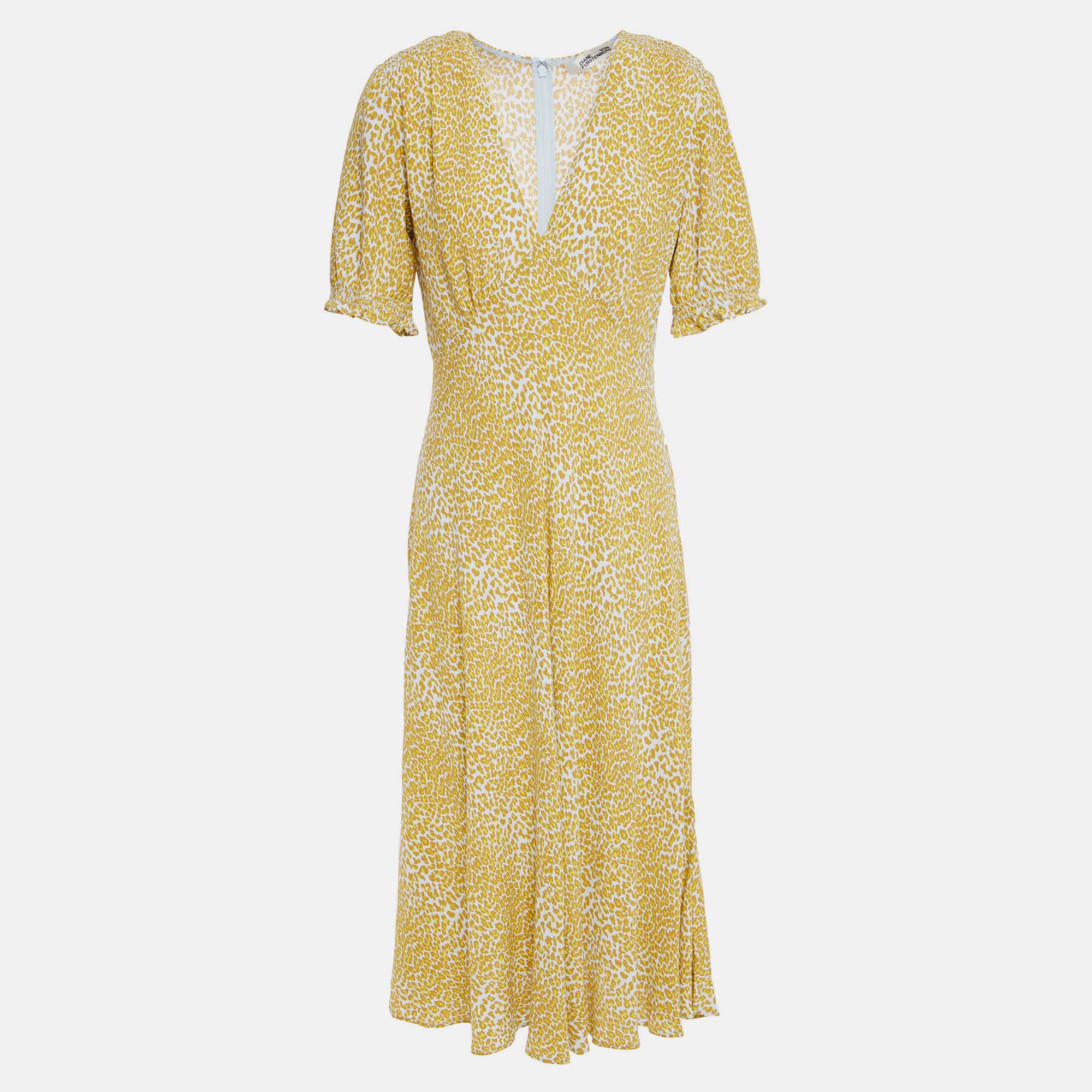 Pre-owned Diane Von Furstenberg Yellow Printed Viscose Knee Length Dress Xxl (us 14)