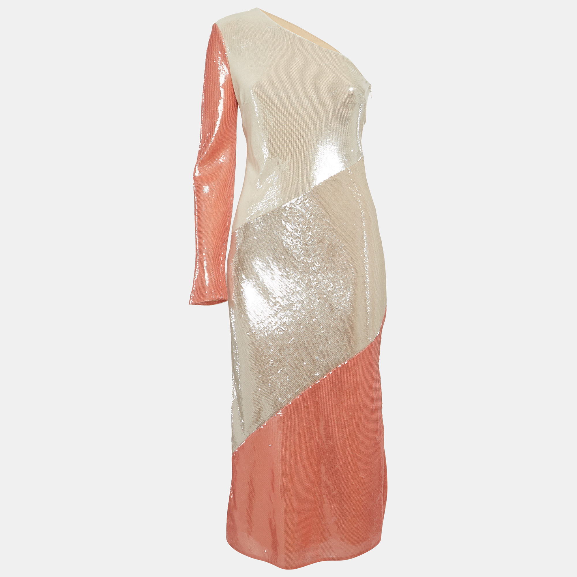 Pre-owned Diane Von Furstenberg Cream Sequin And Silk One Shoulder Bias Midi Dress S