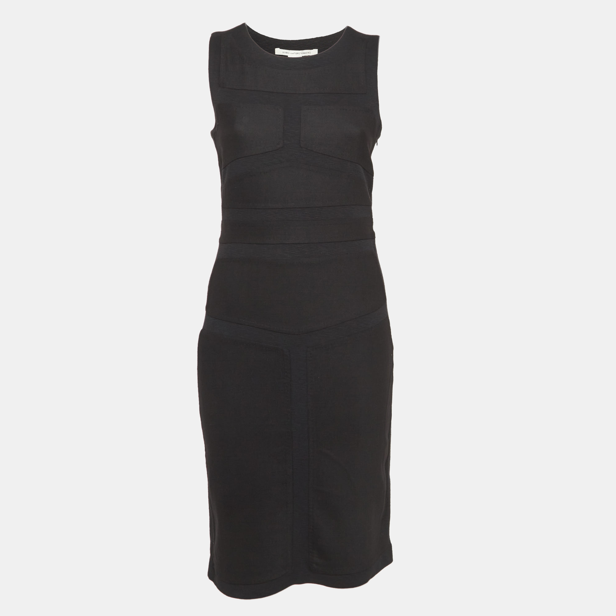 

Diane Von Furstenberg Black Wool Applique Crepe Midi Dress M
