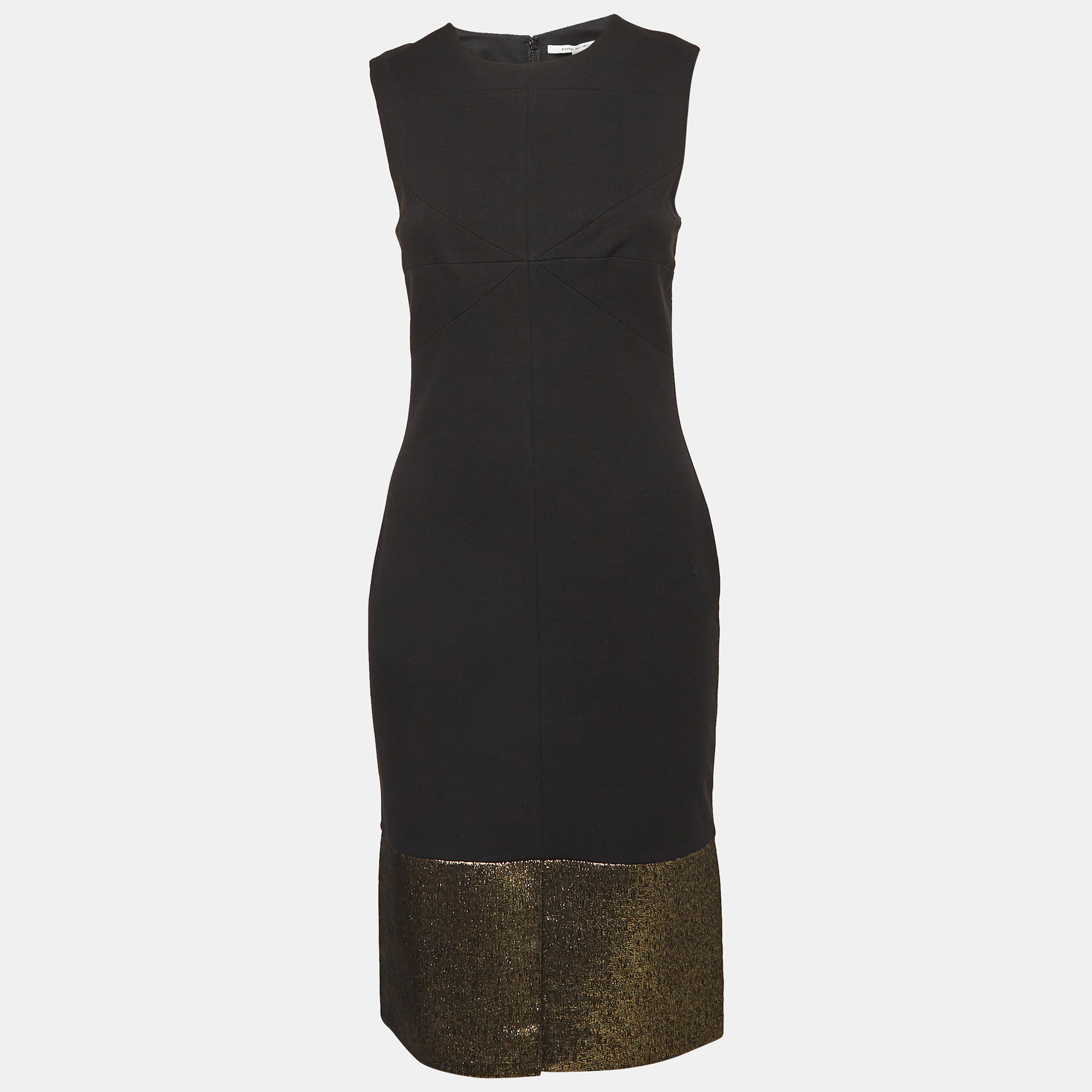 

Diane Von Furstenberg Black/Gold Lurex and Jersey Blee Midi Dress M