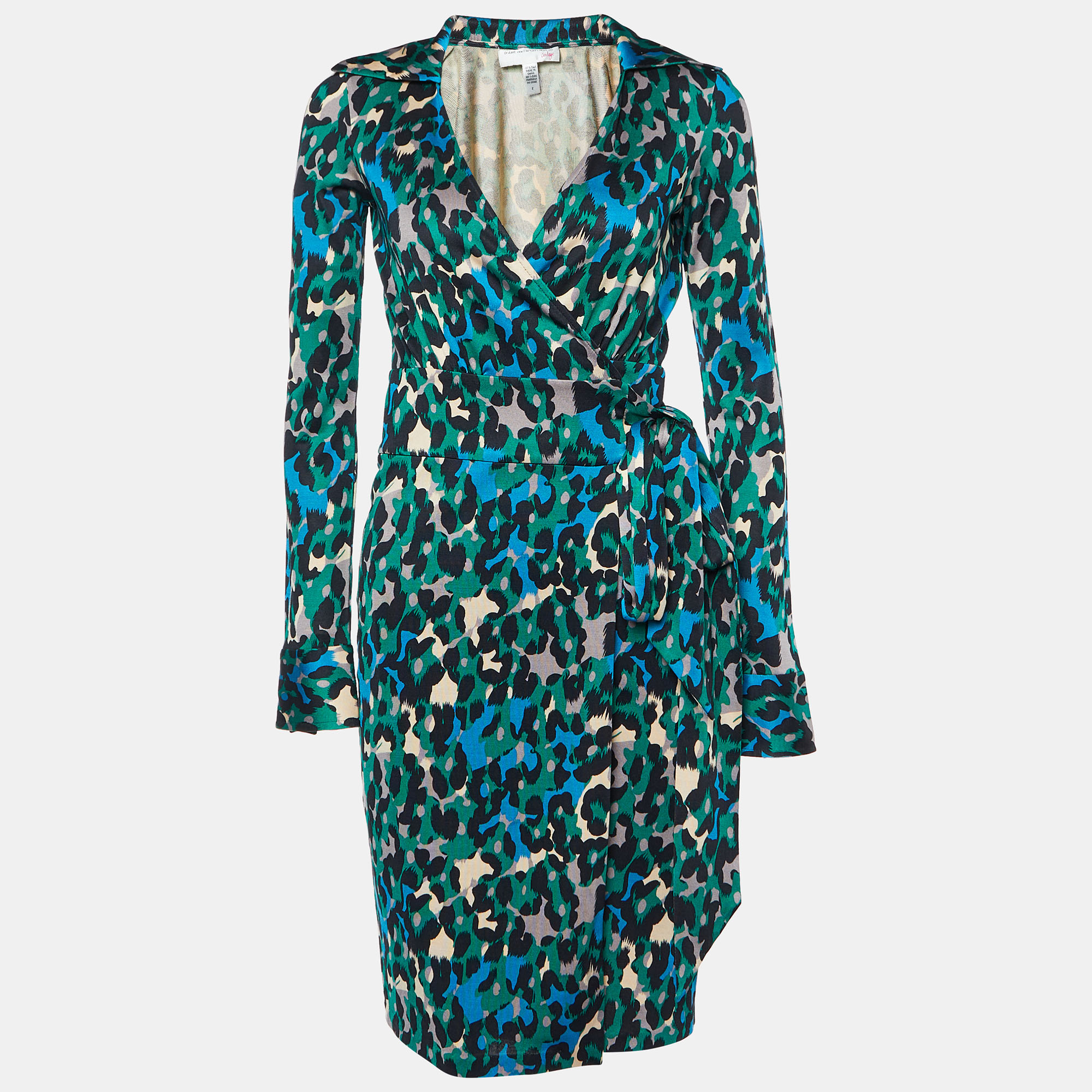 

Diane Von Furstenberg Vintage Green Leopard Print Silk Judy Wrap Dress S