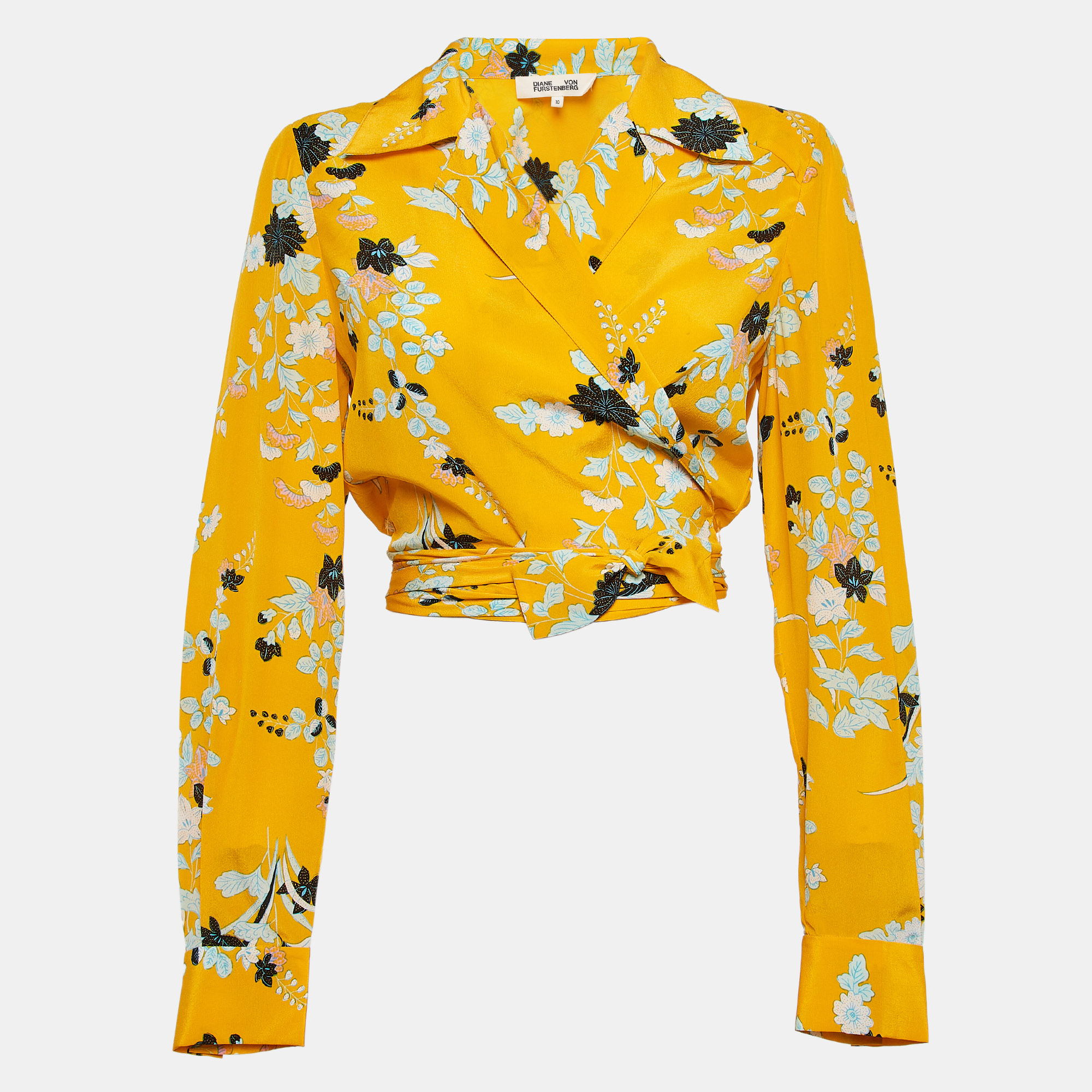 

Diane Von Furstenberg Yellow Floral Print Silk Crop Wrap Shirt L