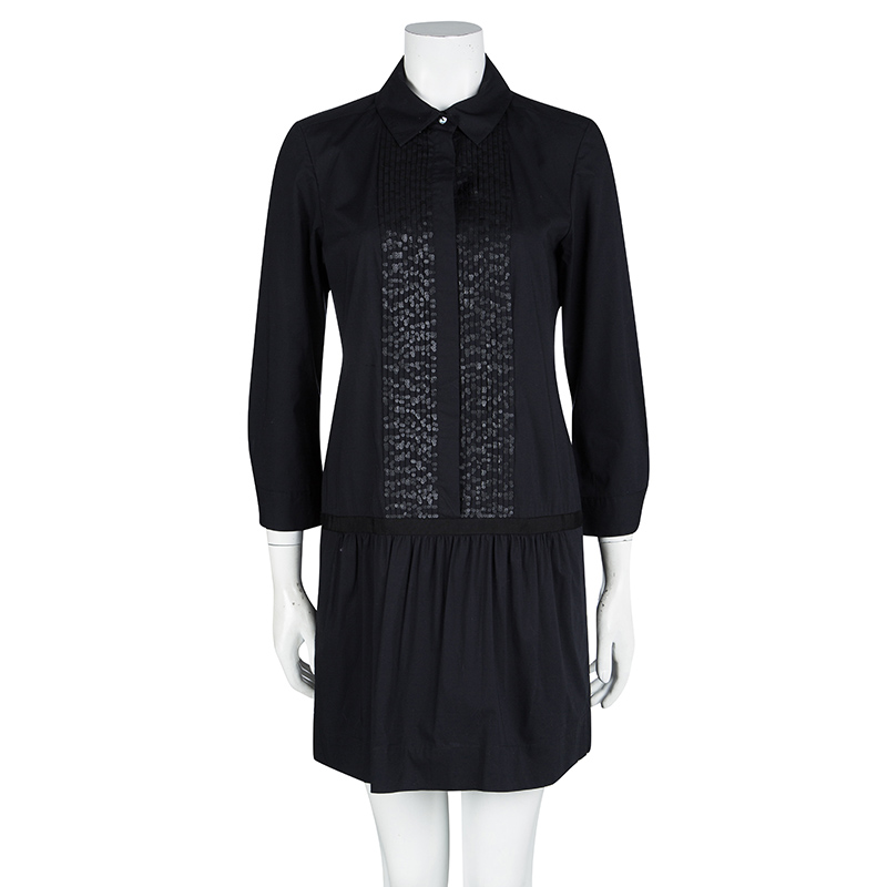 

Diane Von Furstenberg Amy Lu Black Sequin Pintuck Detail Long Sleeve Dress