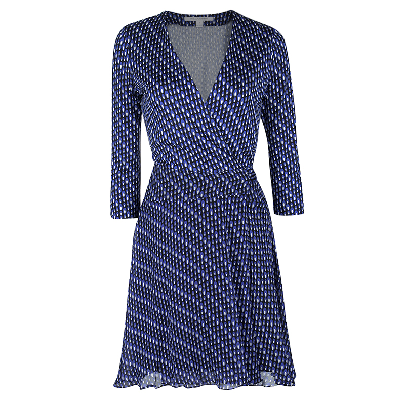 Diane Von Furstenberg Blue Printed Silk Irina Wrap Dress S