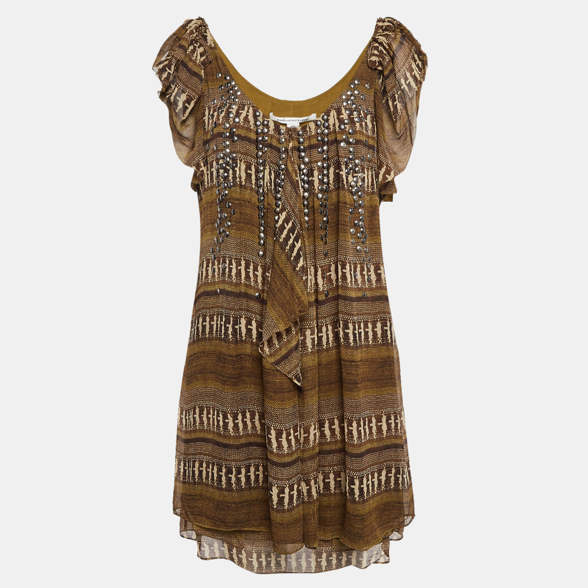 

Diane Von Furstenberg Brown Printed Silk Neck Detail Mini Dress L