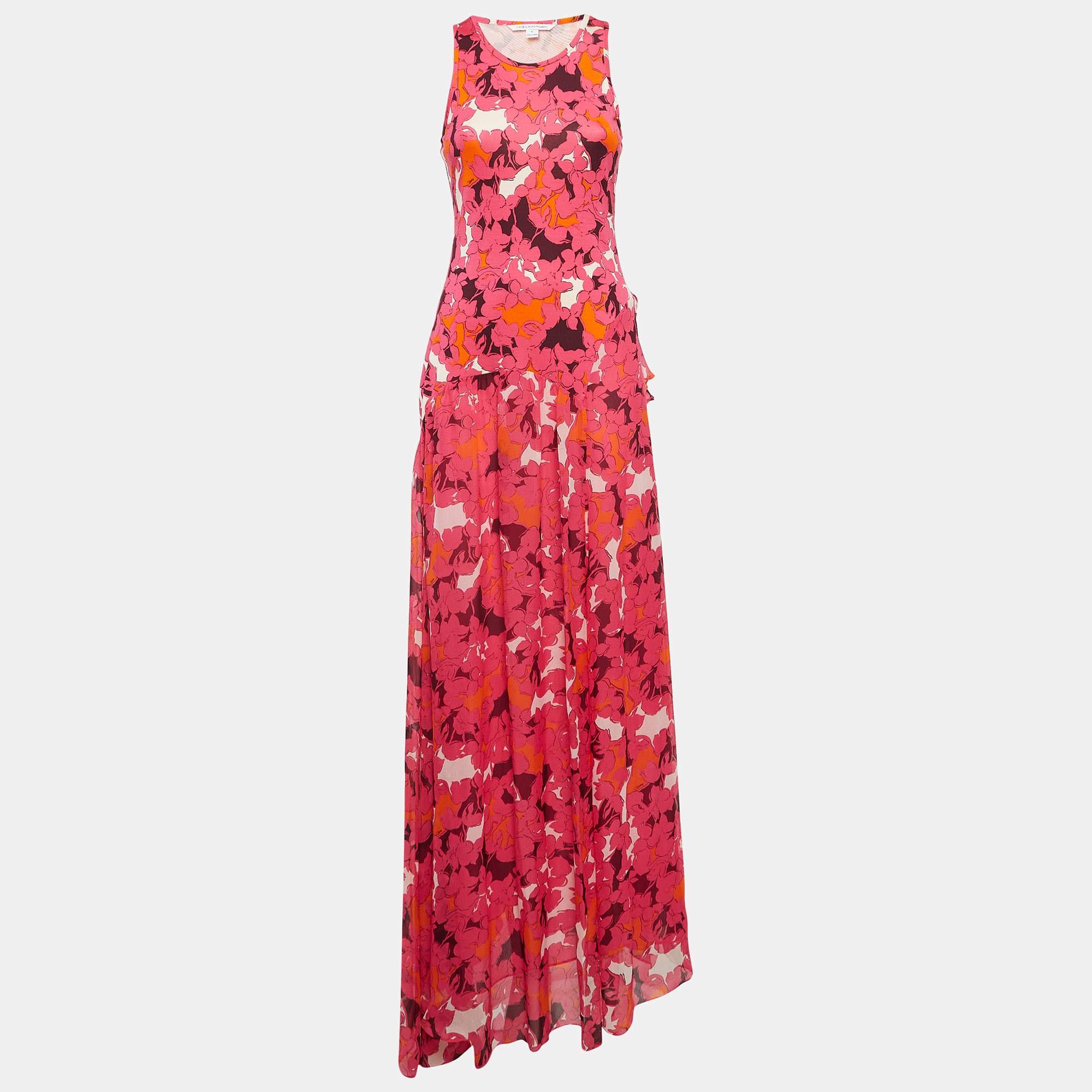 

Diane Von Furstenberg Pink Eden Garden Print Jersey and Silk Davina Maxi Dress M