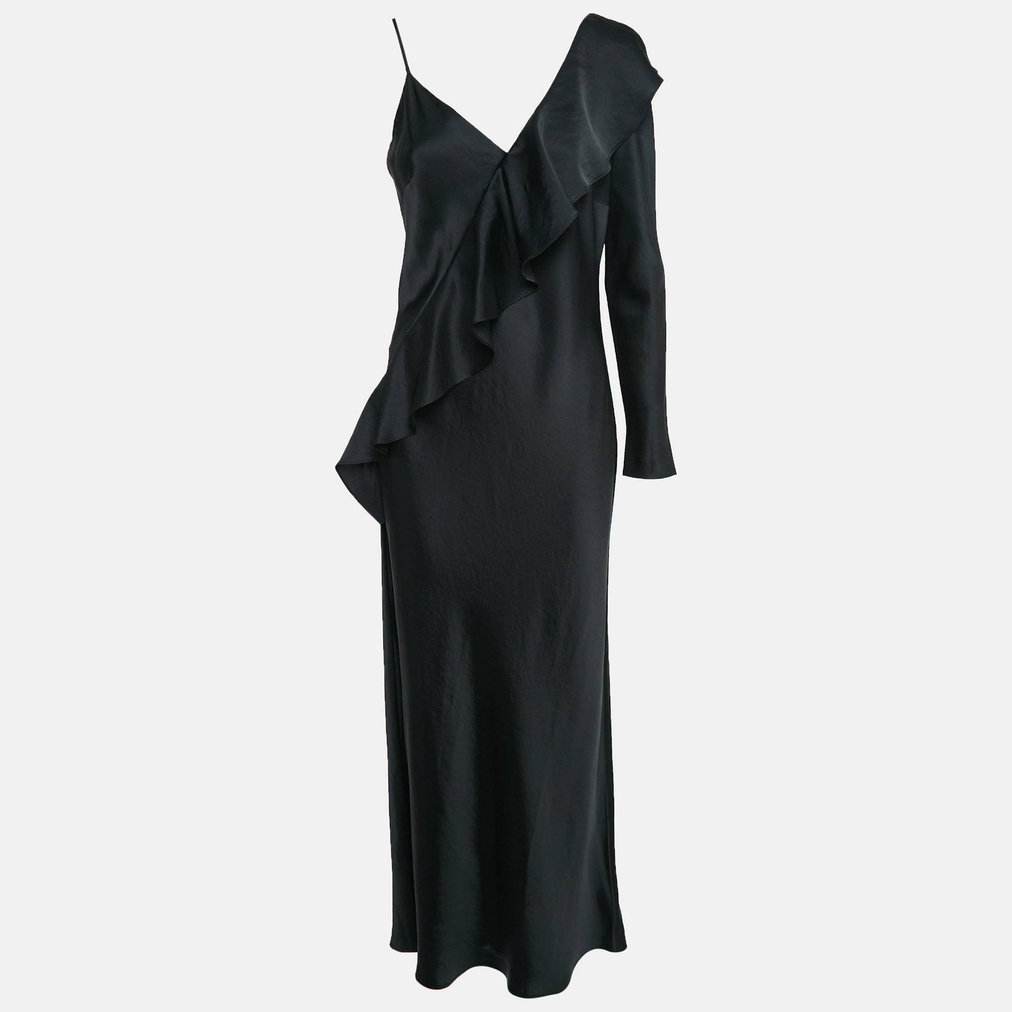 

Diane Von Furstenberg Black Satin Ruffled One-Shoulder Long Dress M