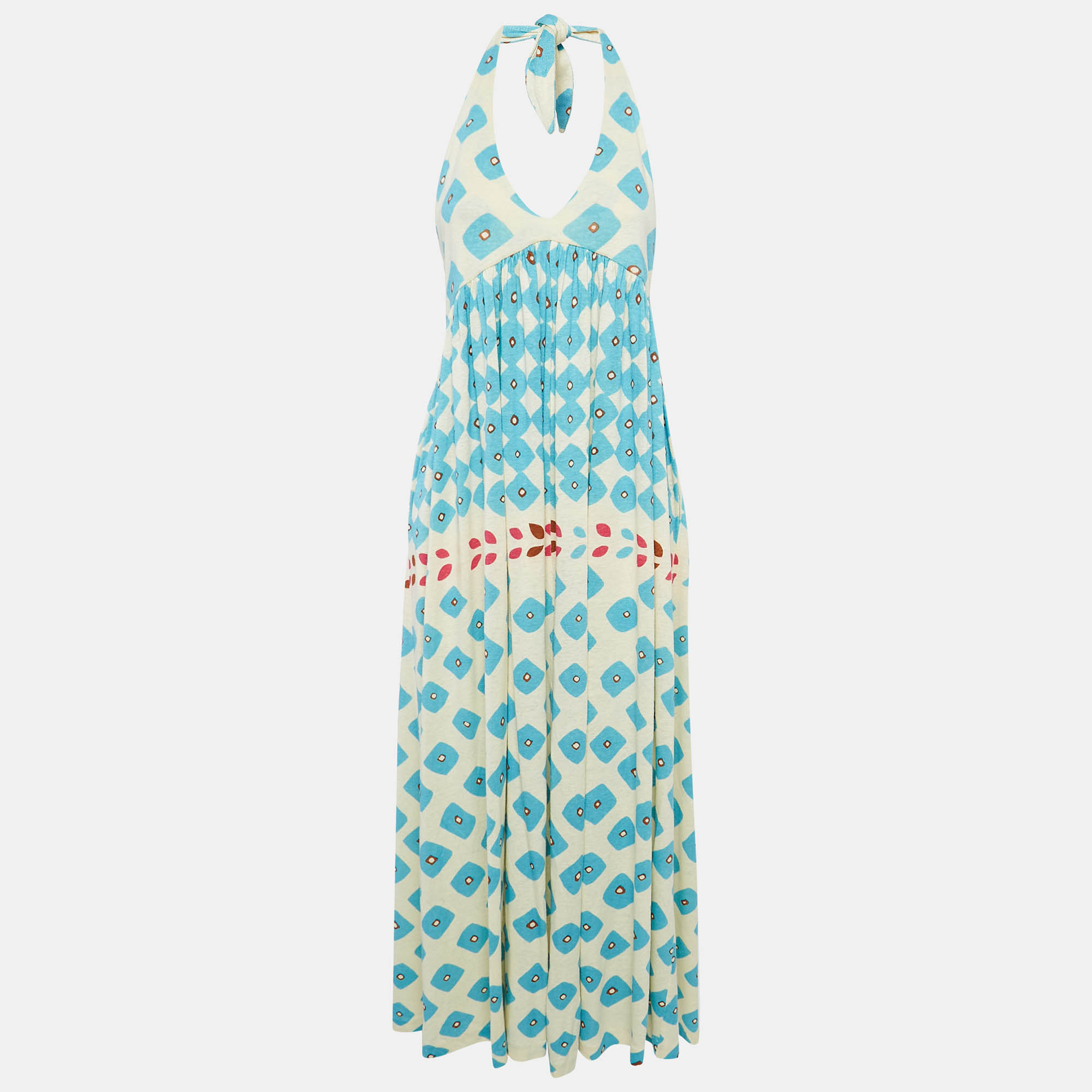 

Diane Von Furstenberg Cream Printed Linen Blend Knit Halter Neck Franz Maxi Dress M