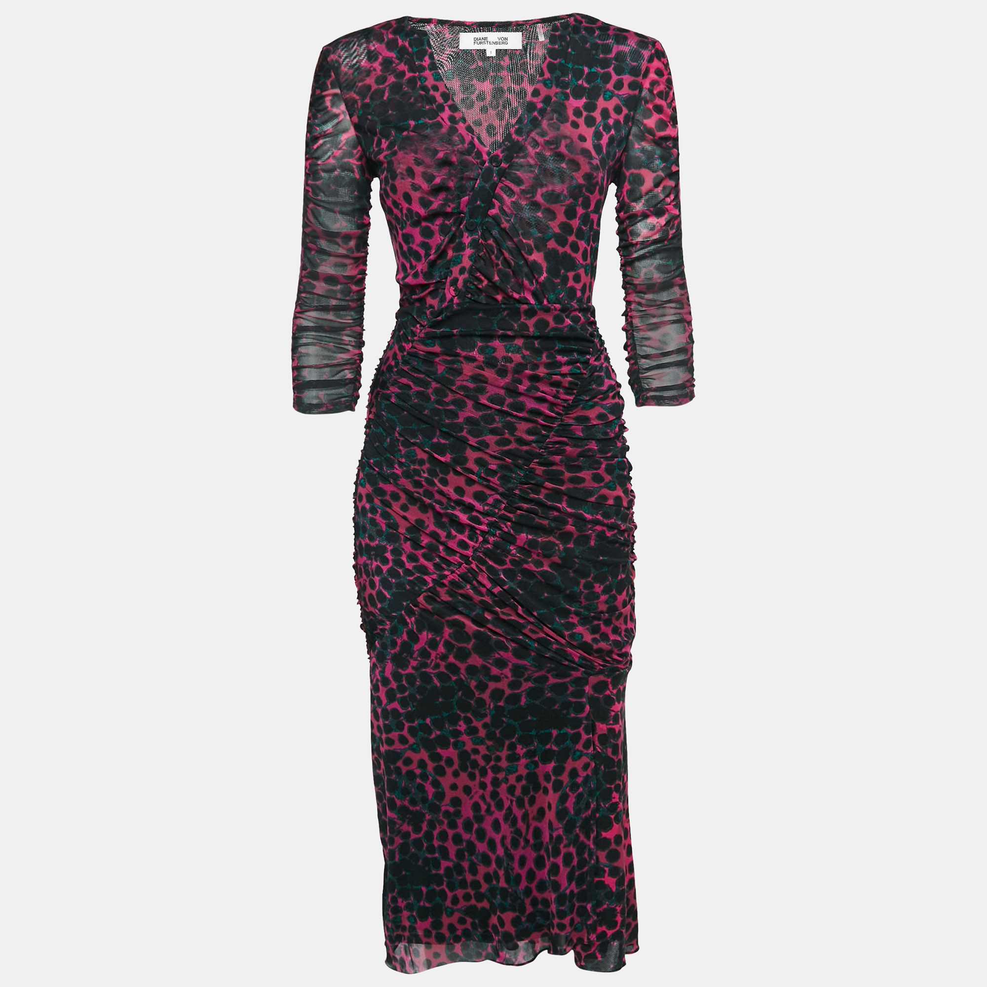 

Diane Von Furstenberg Pink Leopard Print Stretch Mesh Ruched Midi Dress S