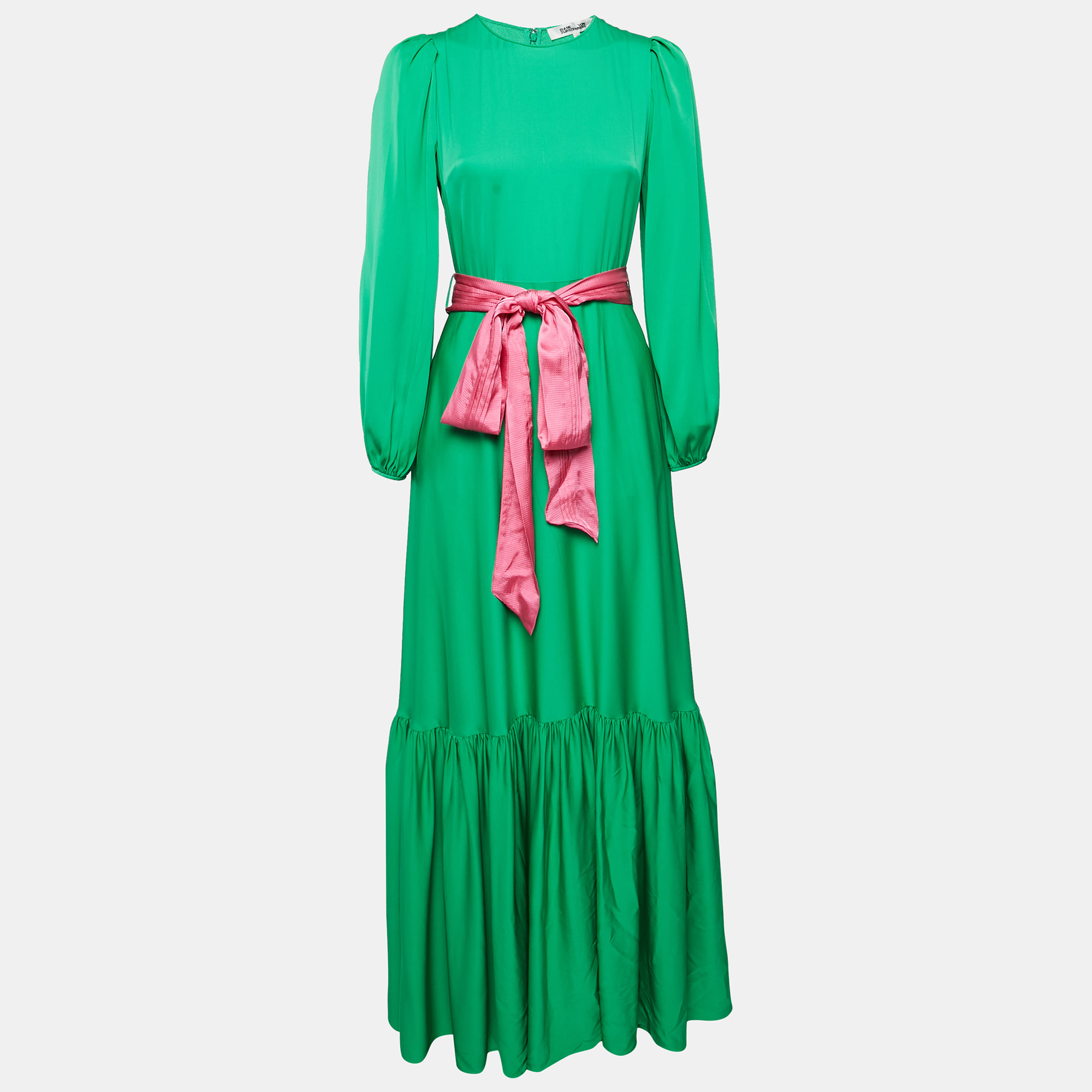 

Diane Von Furstenberg Green Silk Belted Flounce Amabel Maxi Dress S