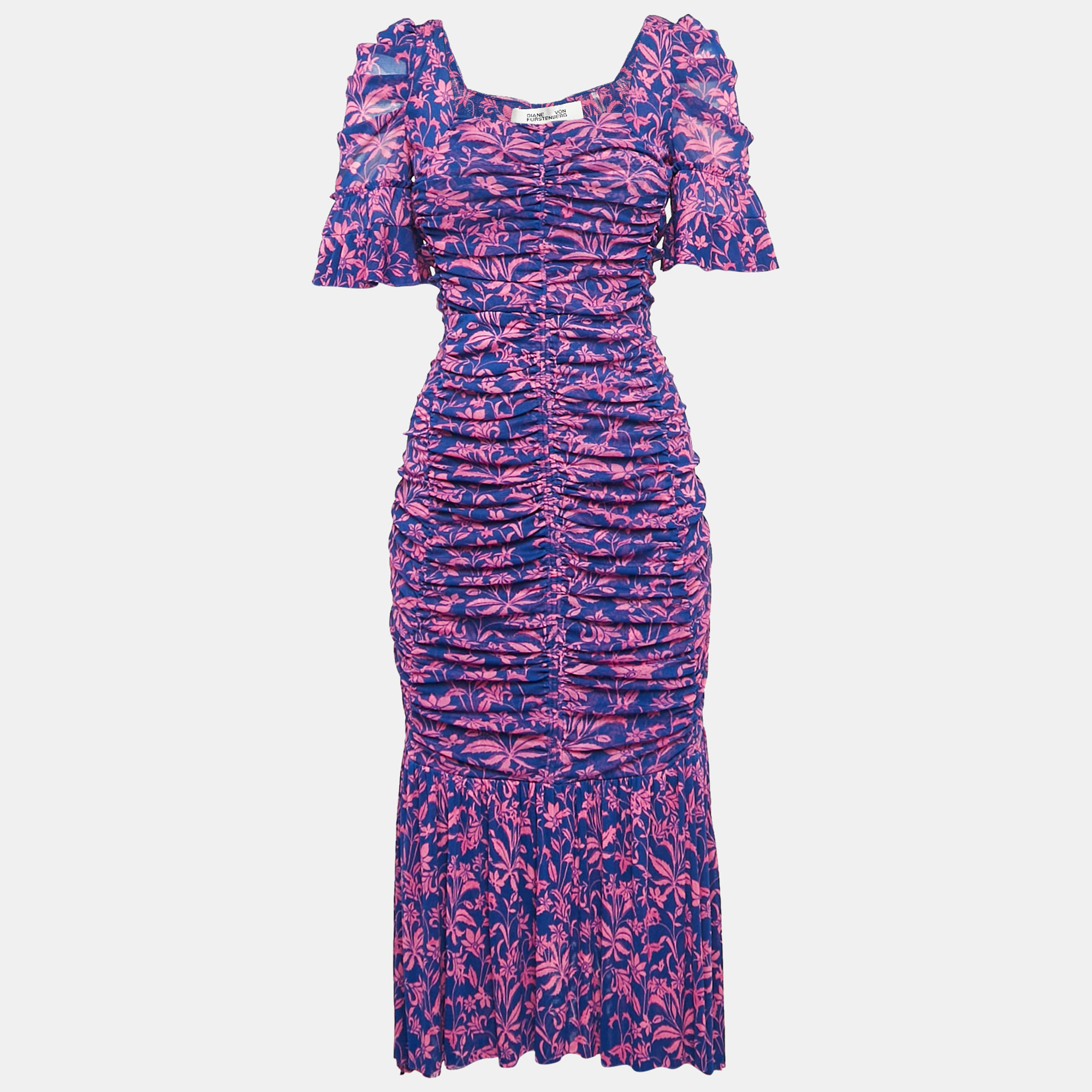 

Diane Von Furstenberg Pink/Blue Floral Print Stretch Mesh Ruched Dress S