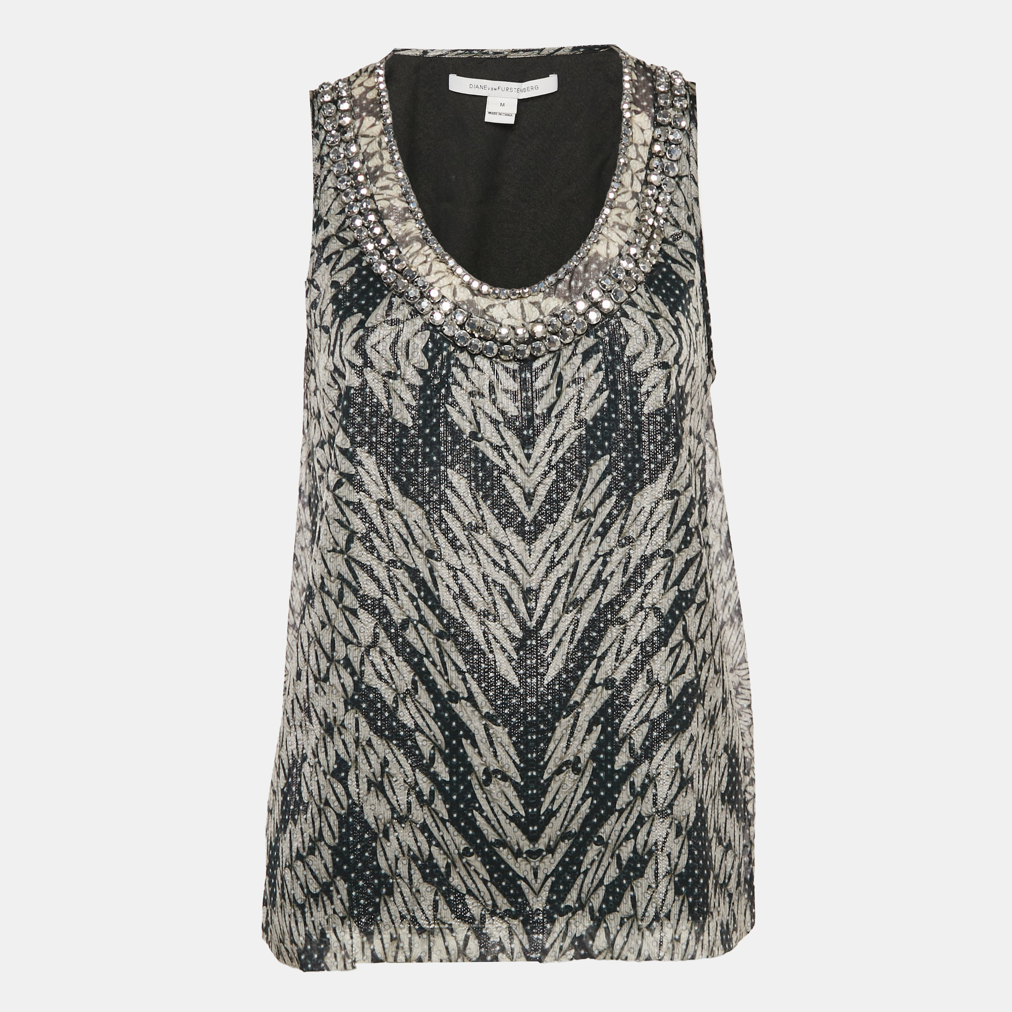 

Diane Von Furstenberg Metallic Printed Silk Lurex Stud Detail Sleeveless Ade Top M