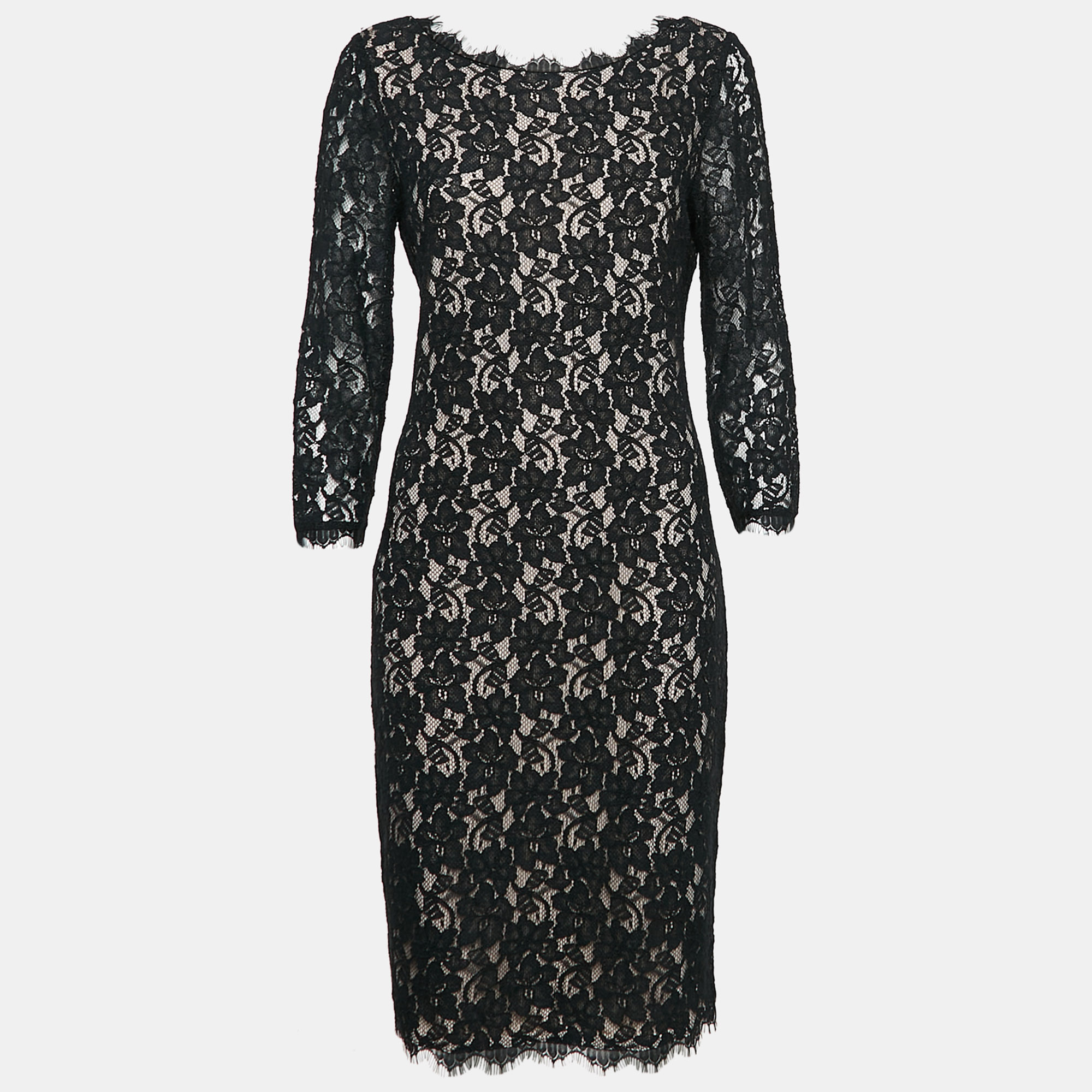 

Diane Von Furstenberg Black Lace Colleen Long Sheath Dress L