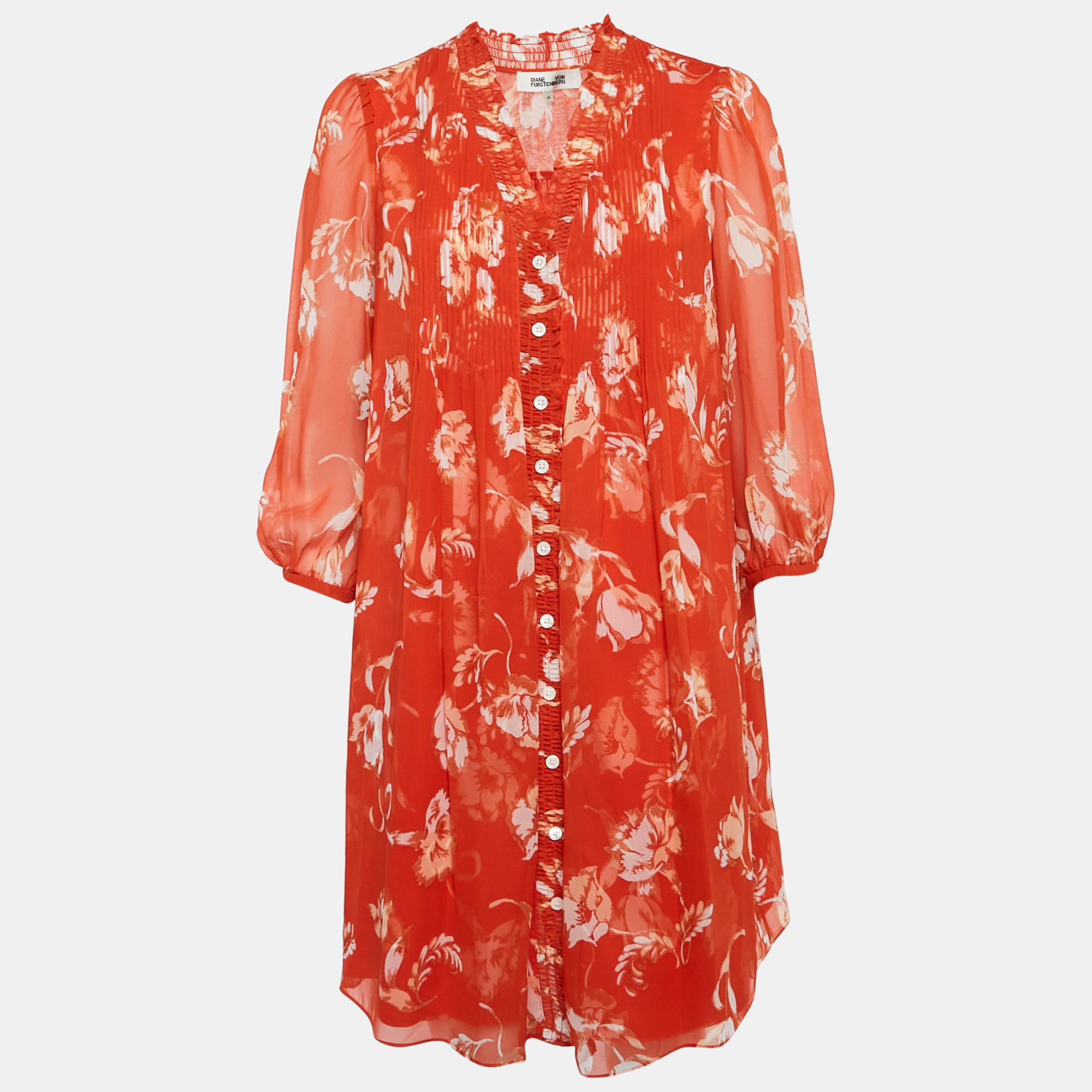 

Diane Von Furstenberg Orange Floral Print Button-Front Ruffled Mini Dress M