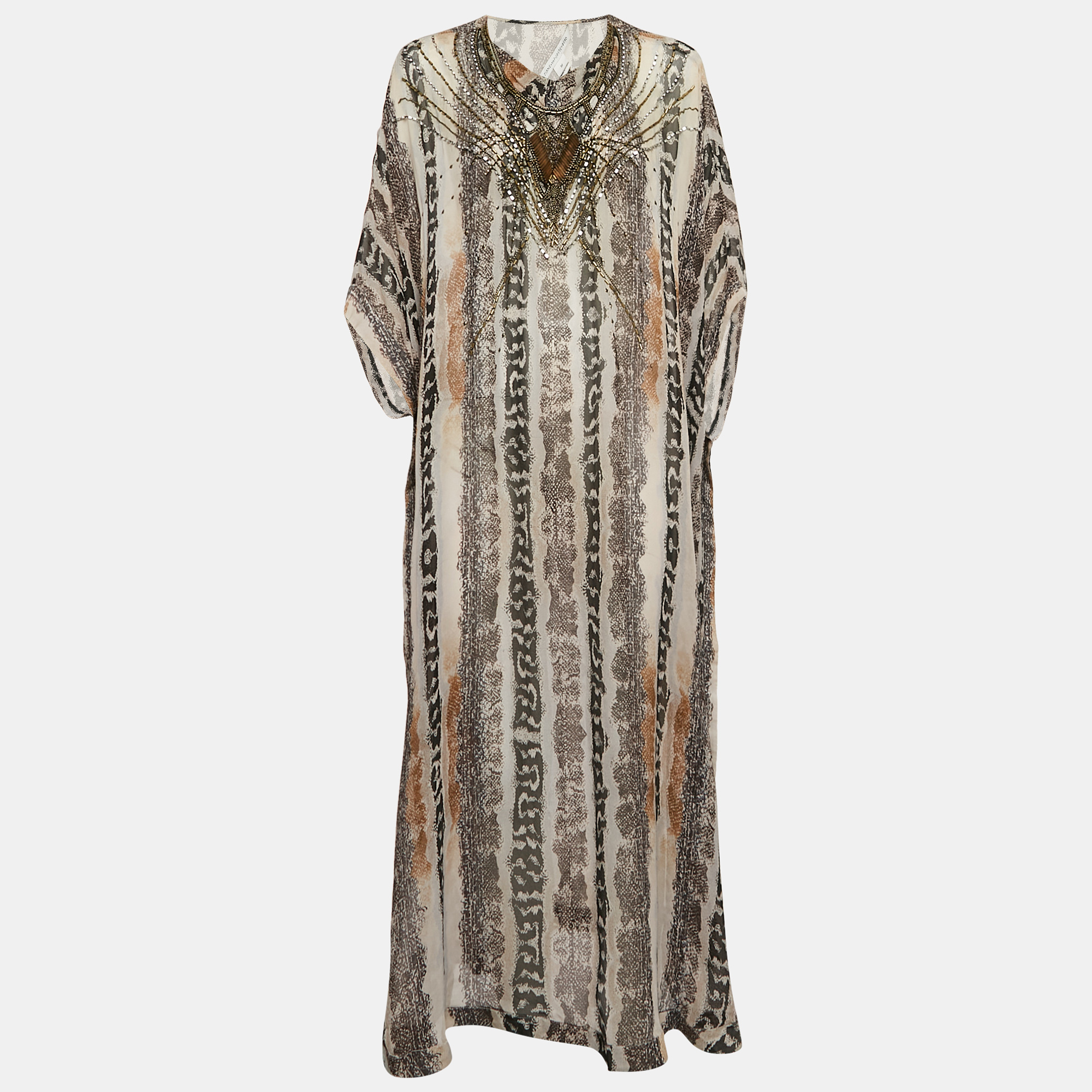 

Diane von Furstenberg Grey Printed Silk Clare Beaded Sheer Maxi Kaftan L