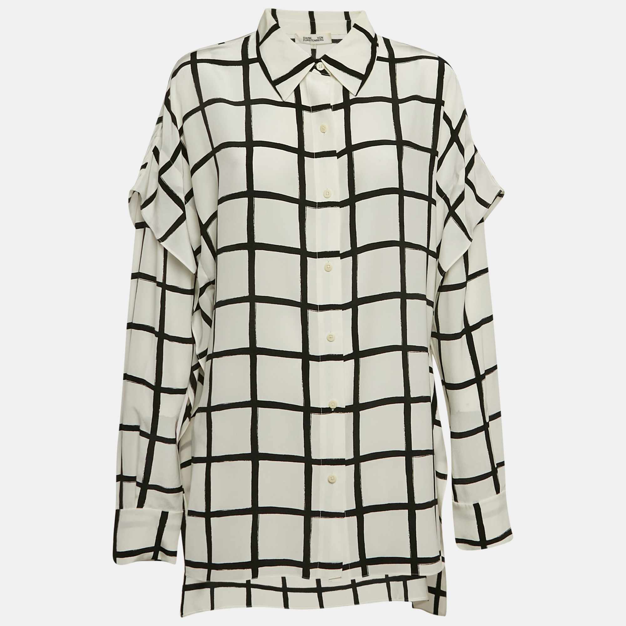 

Diane Von Furstenberg White Checks Silk Ruffled Shirt L