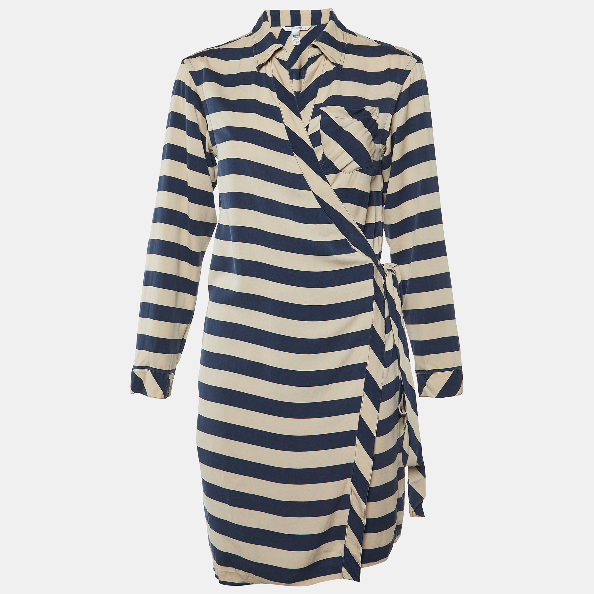 

Diane Von Furstenberg Navy Blue Striped Stretch Silk Wrap Dress M