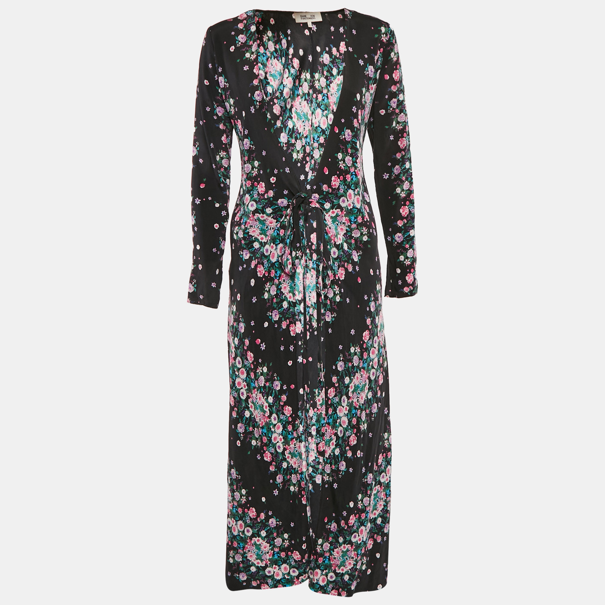 

Diane Von Furstenberg Black Floral Crepe Maxi Wrap Dress S