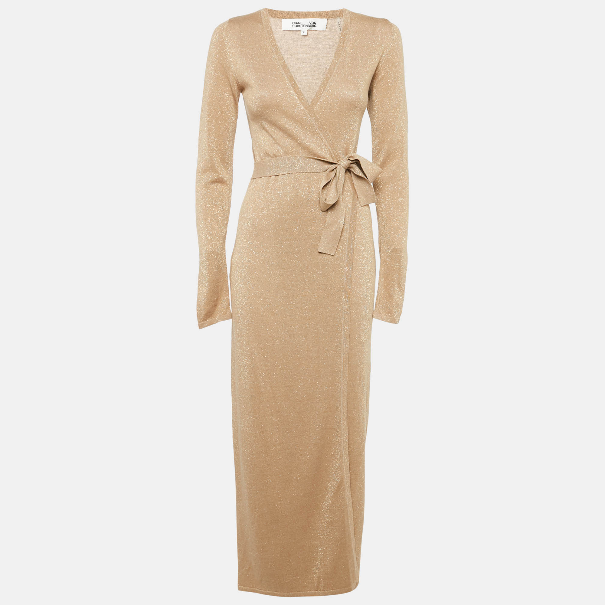 

Diane Von Furstenberg Gold Lurex Knit Wrap Dress XS