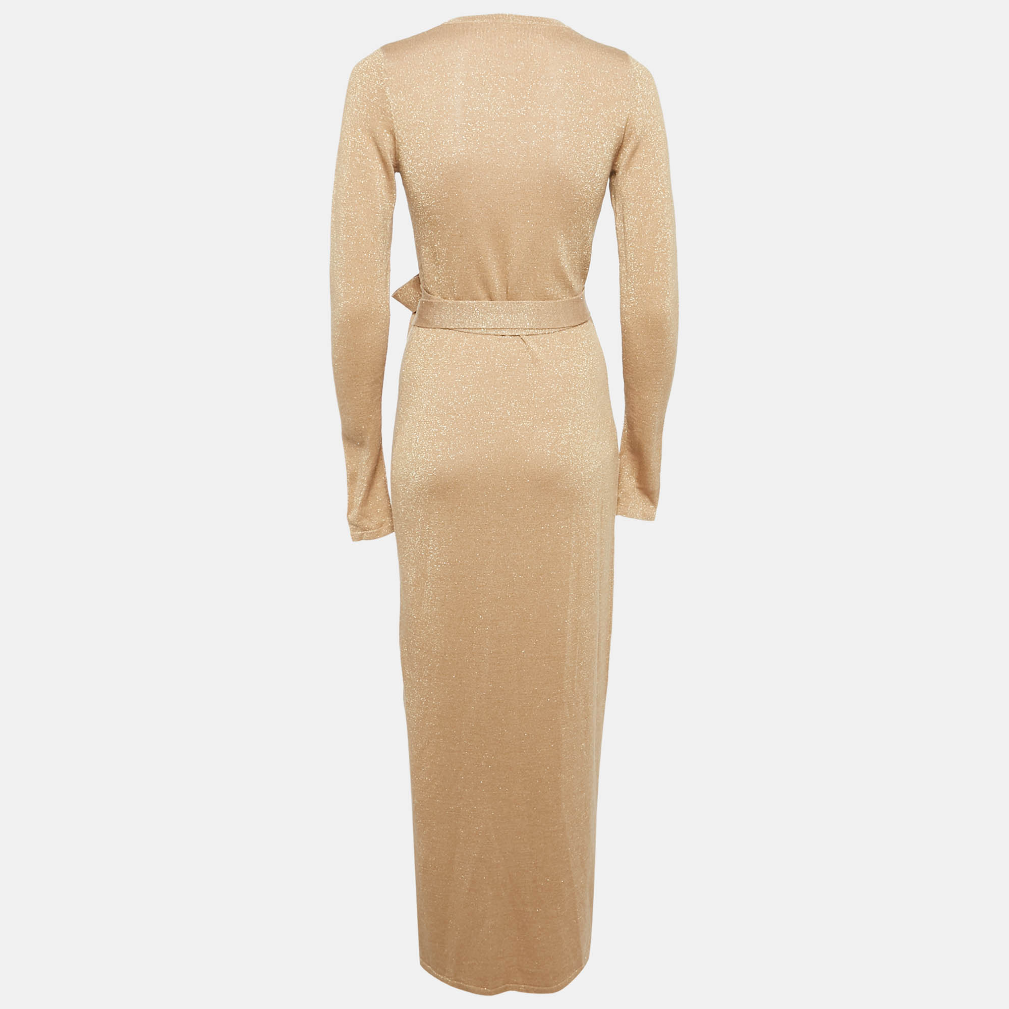 Diane Von Furstenberg Gold Lurex Knit Wrap Dress XS 