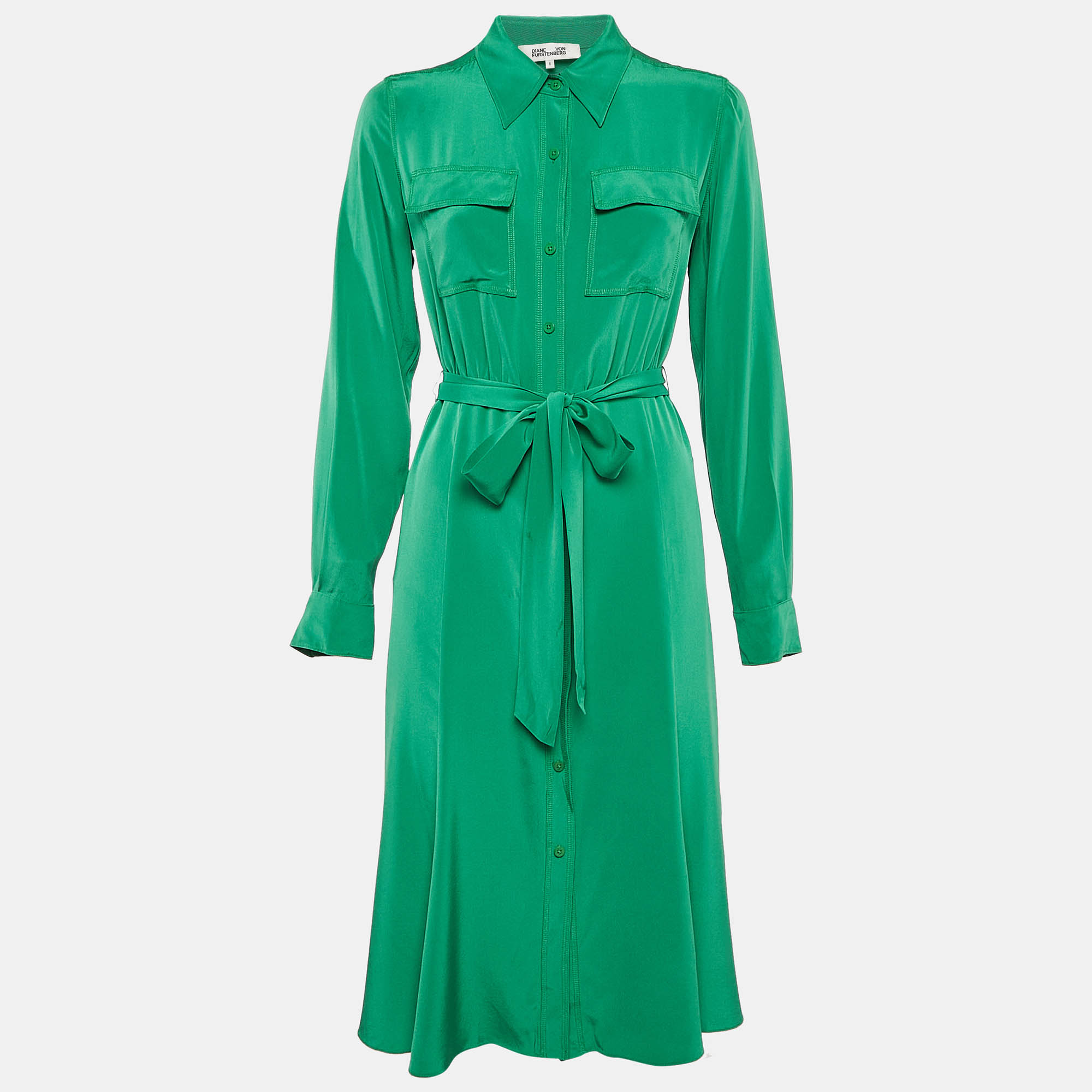 

Diane Von Furstenberg Green Silk Button Front Belted Midi Dress S