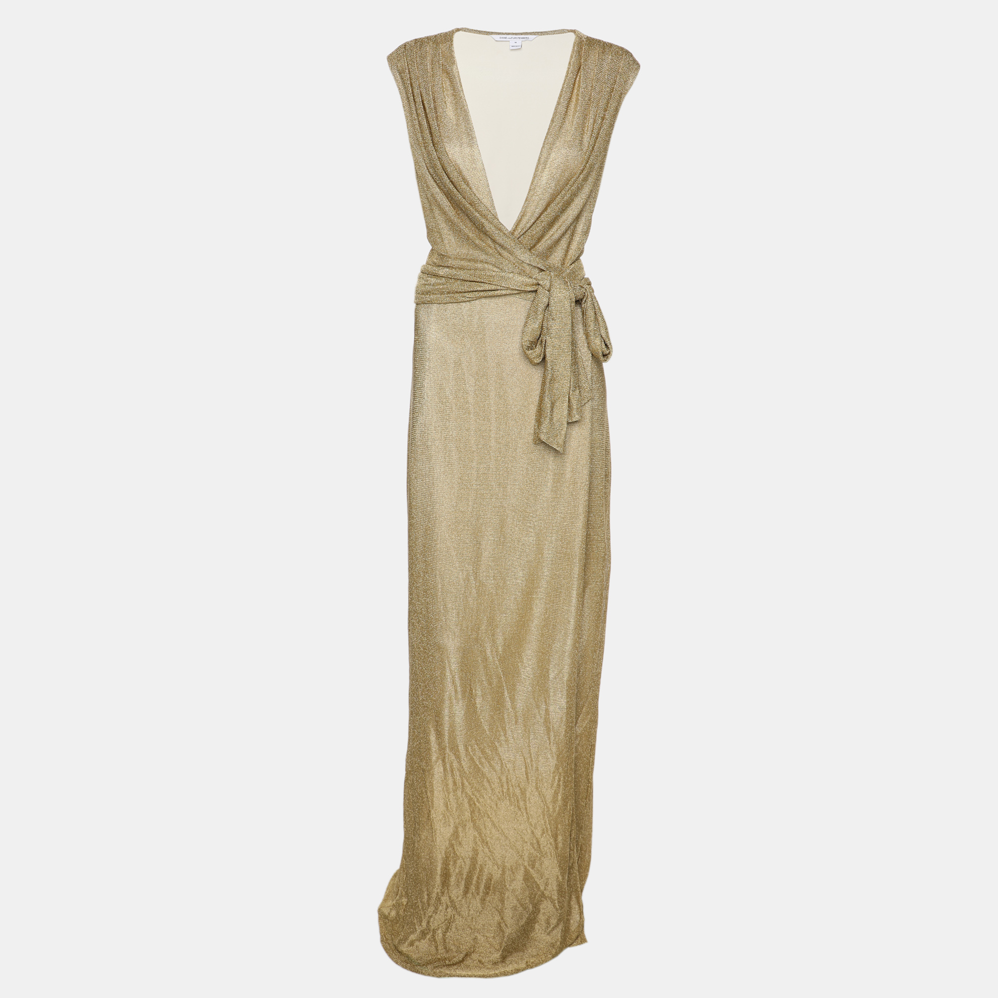 

Diane Von Furstenberg Metallic Gold Knit Sleeveless Maxi Wrap Dress M