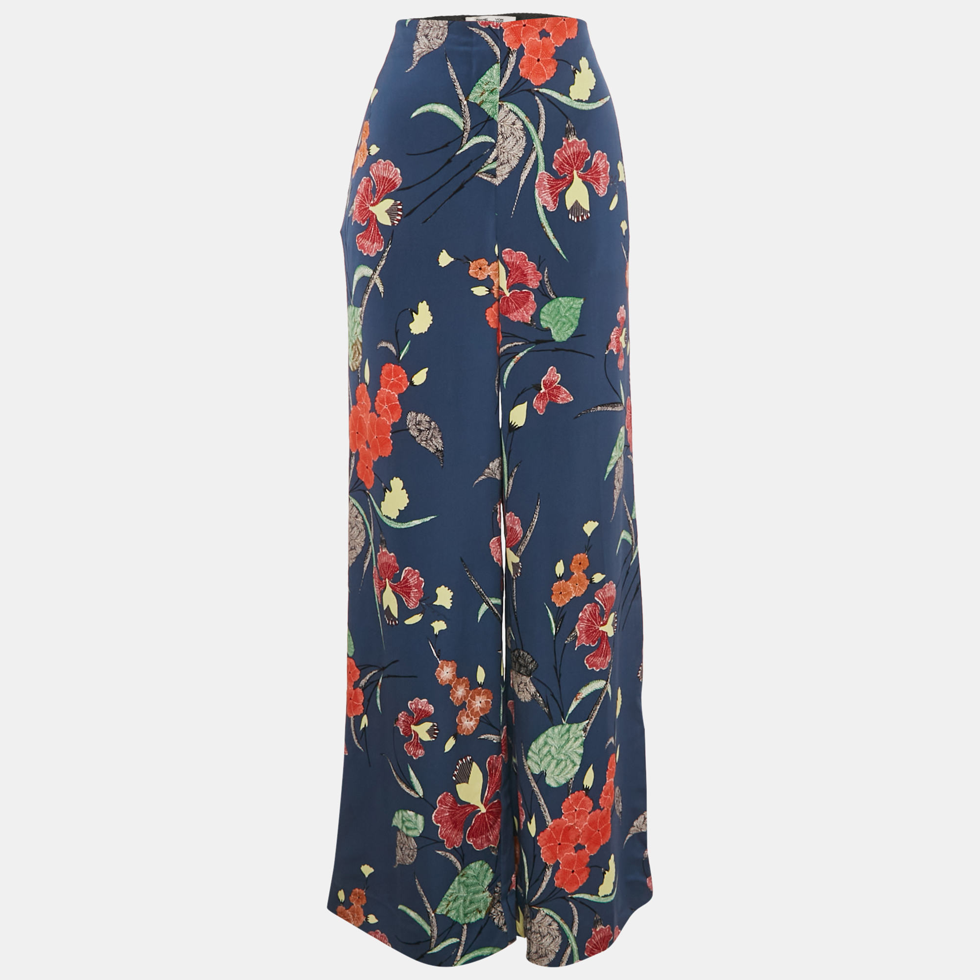 

Diane Von Furstenberg Blue Floral Print Crepe Wide Leg Pants M